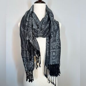 Paisley grey and black fringe rectangular 72” x 27” very soft